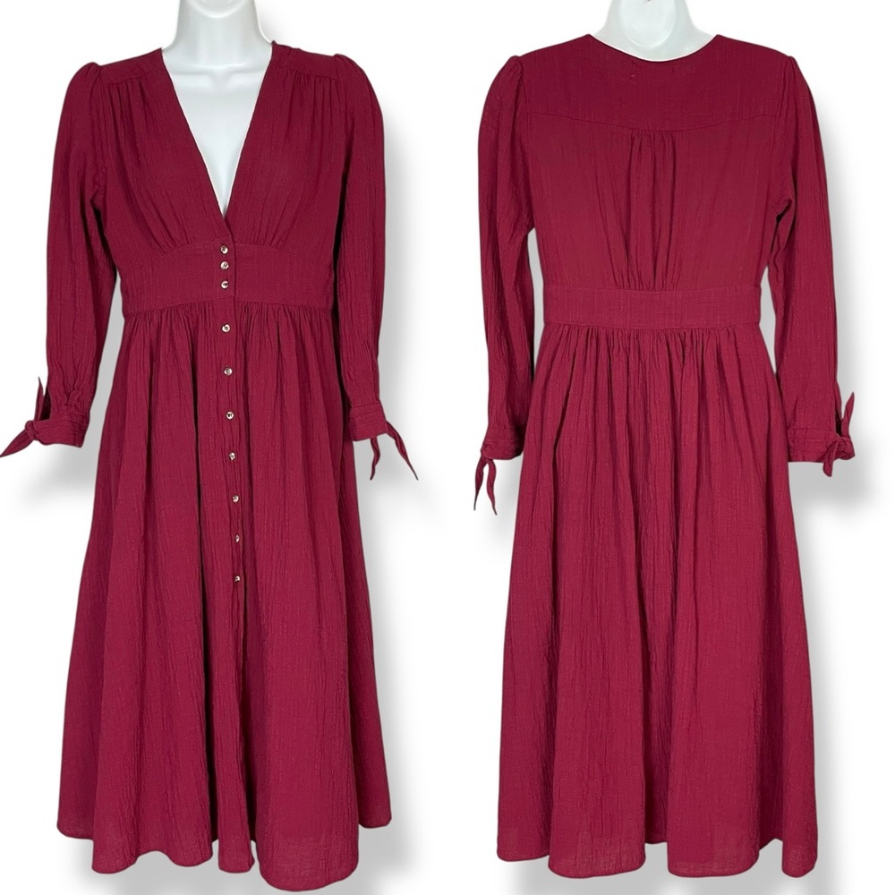 Cage Midi Dress V-Neck Midi Long Sleeves Button-Up Size Small Women Burgundy Red